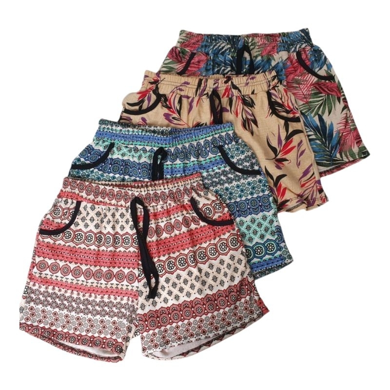 Kit 3  Shorts Feminino Estampado Em Viscolycra com Bolsos Moda Praia Casual  (Diversas  Estampas) em Oferta na Shopee