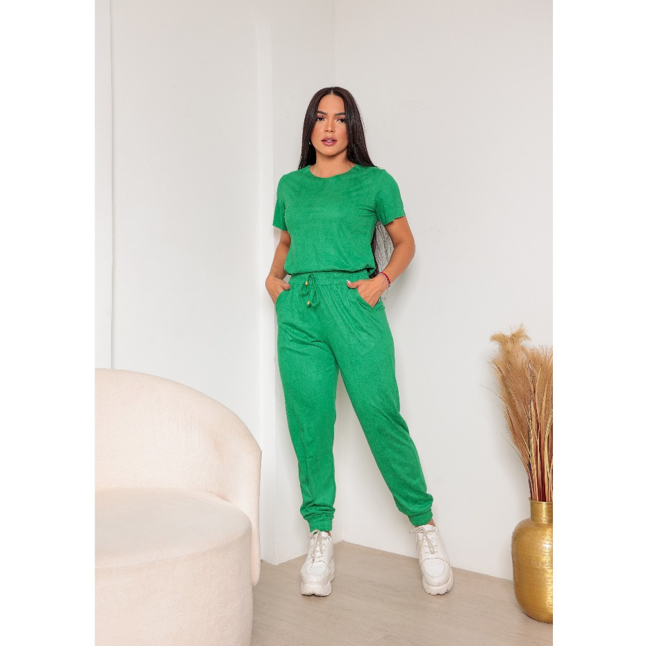 Conjunto Suede Feminino Calça Jogger com bolsos, Blusa Manga Curta, Plus Size M ao EXG
