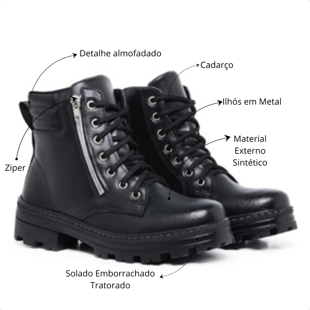 Bota Feminina Coturno Tratorado Cano Curto Com Zíper na Lateral Calce Fácil