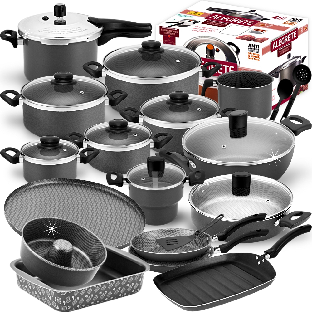 Mega Jogo De Panelas Antiaderente + Panela de Pressão 4,5L + Cuscuzeiro + Wok + Frigideiras 19 Peças