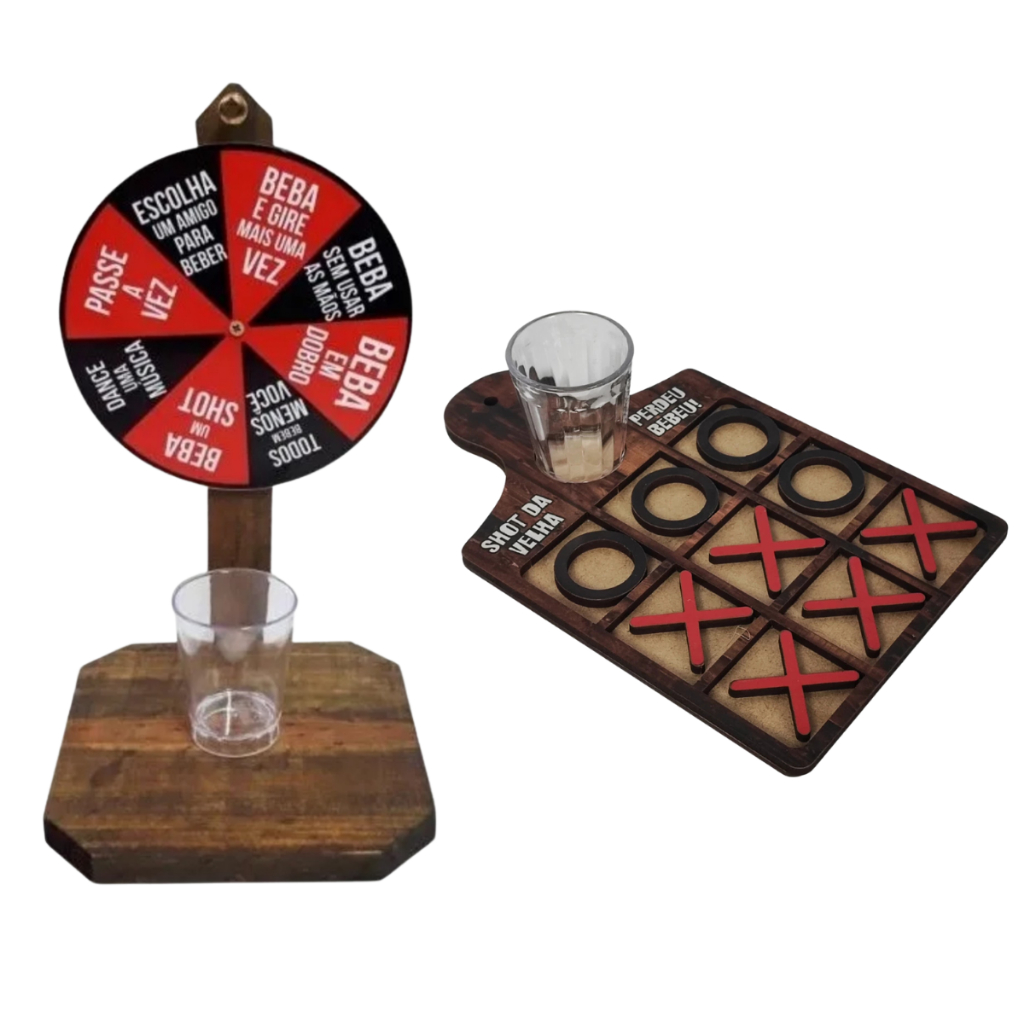 Kit Roleta e jogo da velha tabuleiro mdf acompanha 2 copos acrílicos presente amigo secreto festa drink shot colega
