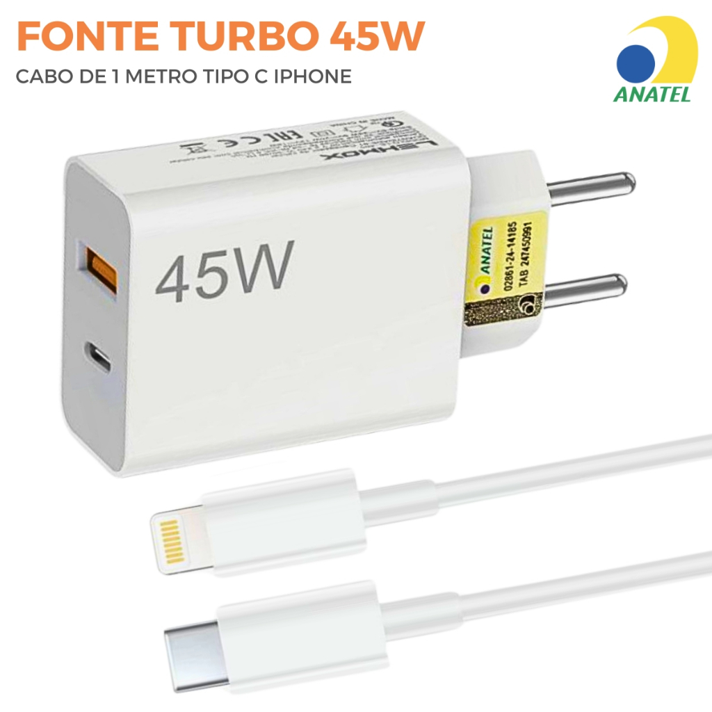Fonte Carregador de Parede Adaptador USB-C Pd 45W Turbo com Cabo Kit Carregador iphone turbo Duplo Usb C Lightning