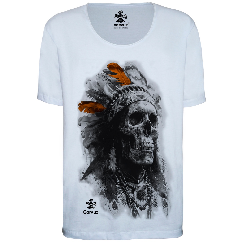 Camiseta estampada indio apache caveira corvuz