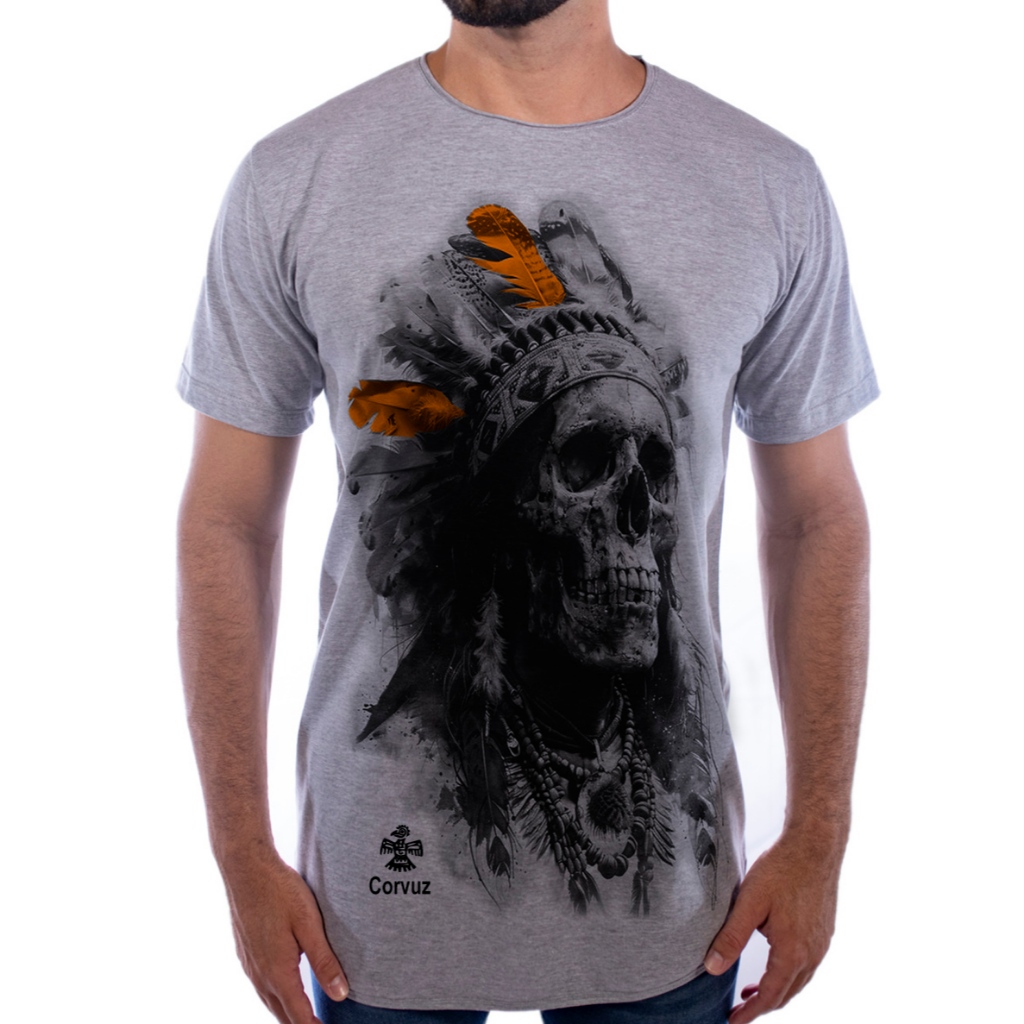 Camiseta longline estampada indio apache caveira corvuz 100% algodão