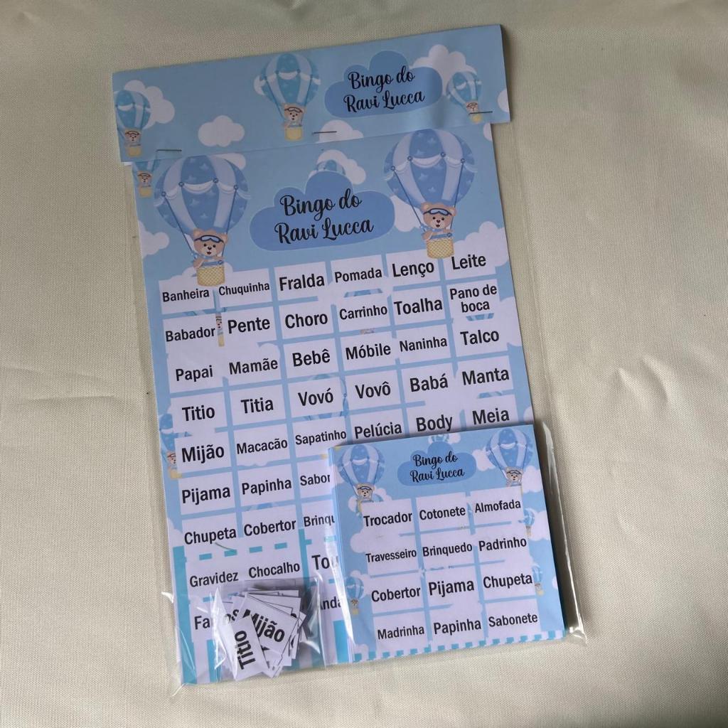 1 Bingo personalizado Ursinho Baloeiro para cha de bebe com 50/80/100 cartelas avulsas - lembrancinha chá de bebê