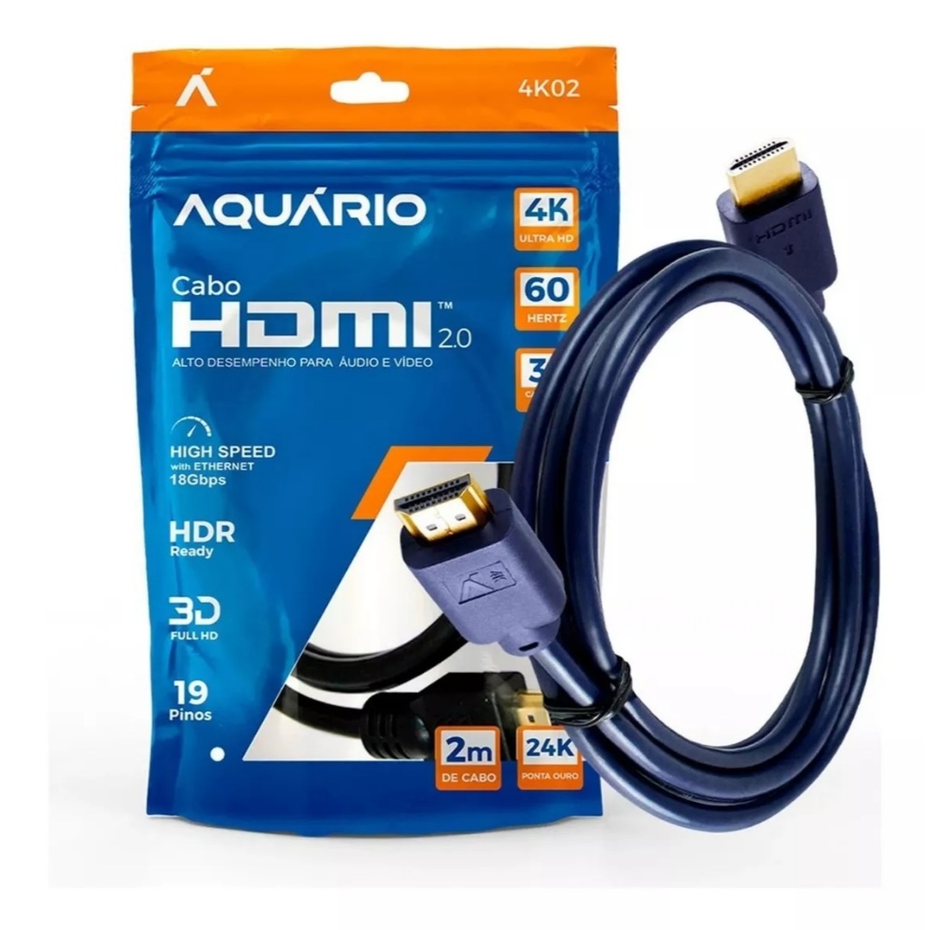 Cabo Hdmi Aquário 2m Resolução 4k Full HD Blindado Ponta Gold, Com filtro, ARC