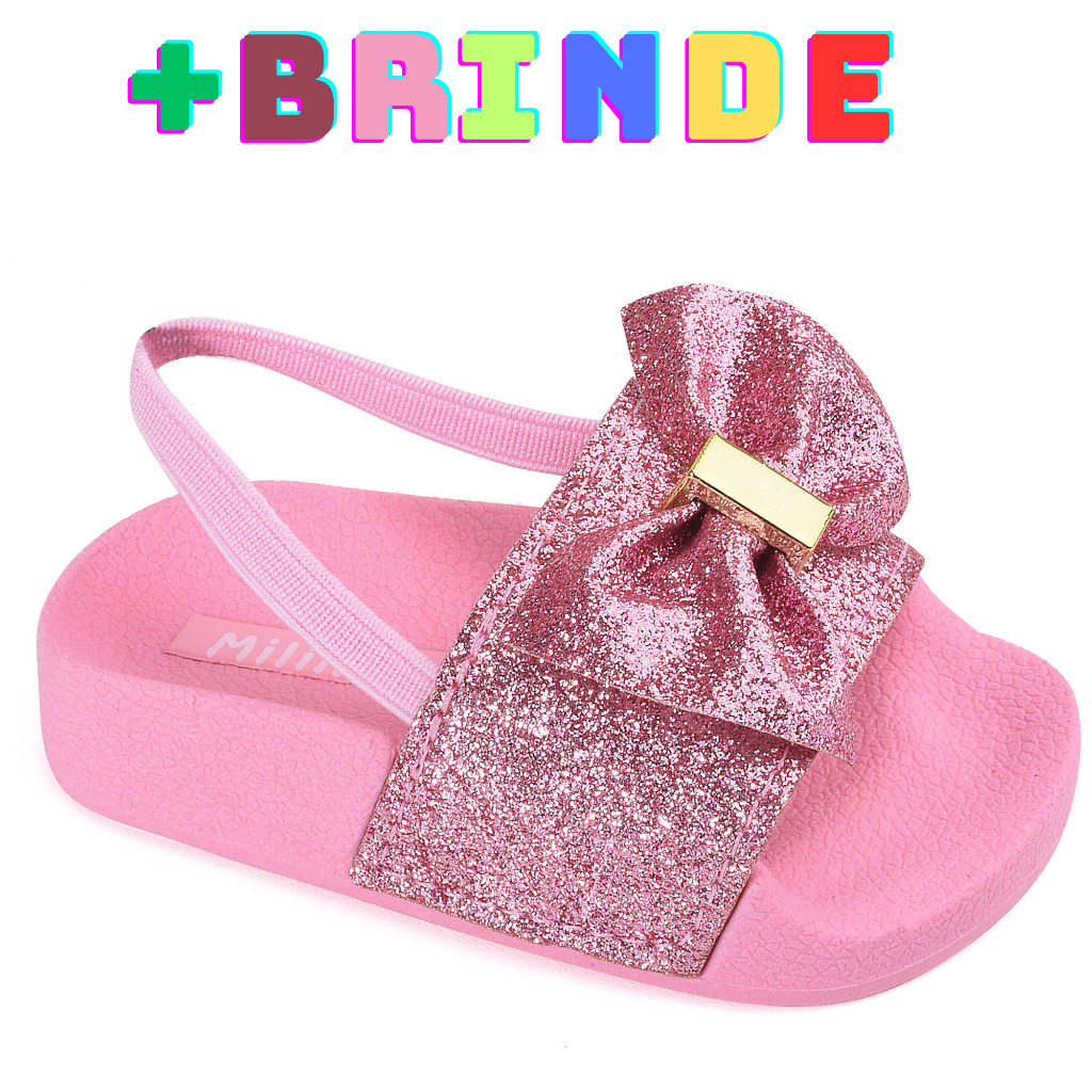 Chinelo de bebê sandalia para meninas criança com laço rosa preto gliter