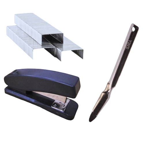 Kit Grampeador de Metal Preto 26/6 + 5.000 Grampos + Extrator de Grampos Espátula