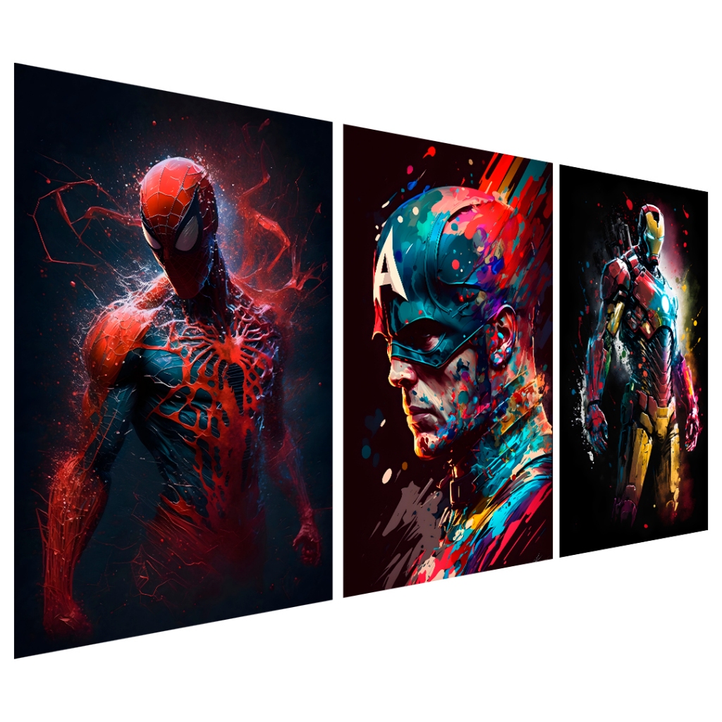 Kit 3 Peças Quadros Decorativos Para Quarto Sala Escritório Heróis Homem Aranha Capitão e Homem de Ferro em Oferta na Shopee