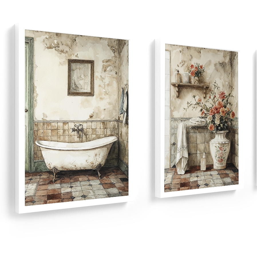 Kit 2 quadros 18x24 cm com vidro, banheiro, lavabo, Creme em Oferta na Shopee