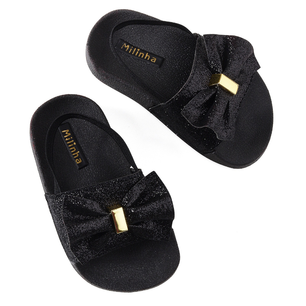 Sandalia de bebe menina com elastico nao escorrega gliter laço rosa preta em Oferta na Shopee