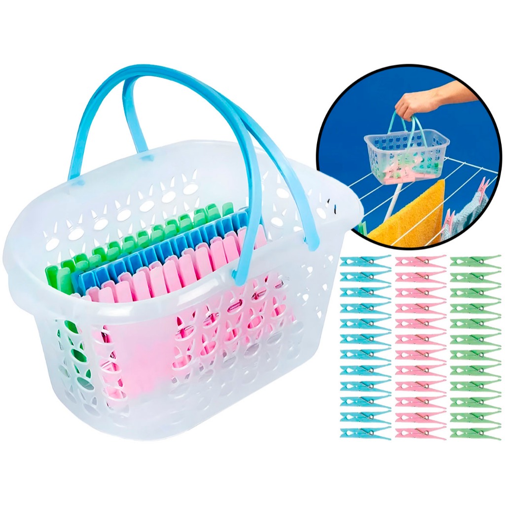 Cesto Com Alça P/ Prendedor Com 36 Pregadores De Roupa Para Varal Lavanderia Mor - Home & Living