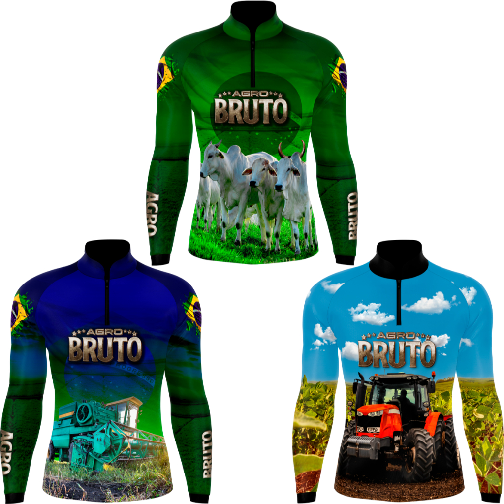 Kit 3 camisas camisetas Agropecuaria Gado 2, Trator Laranja, Colheita Azul proteção UV50