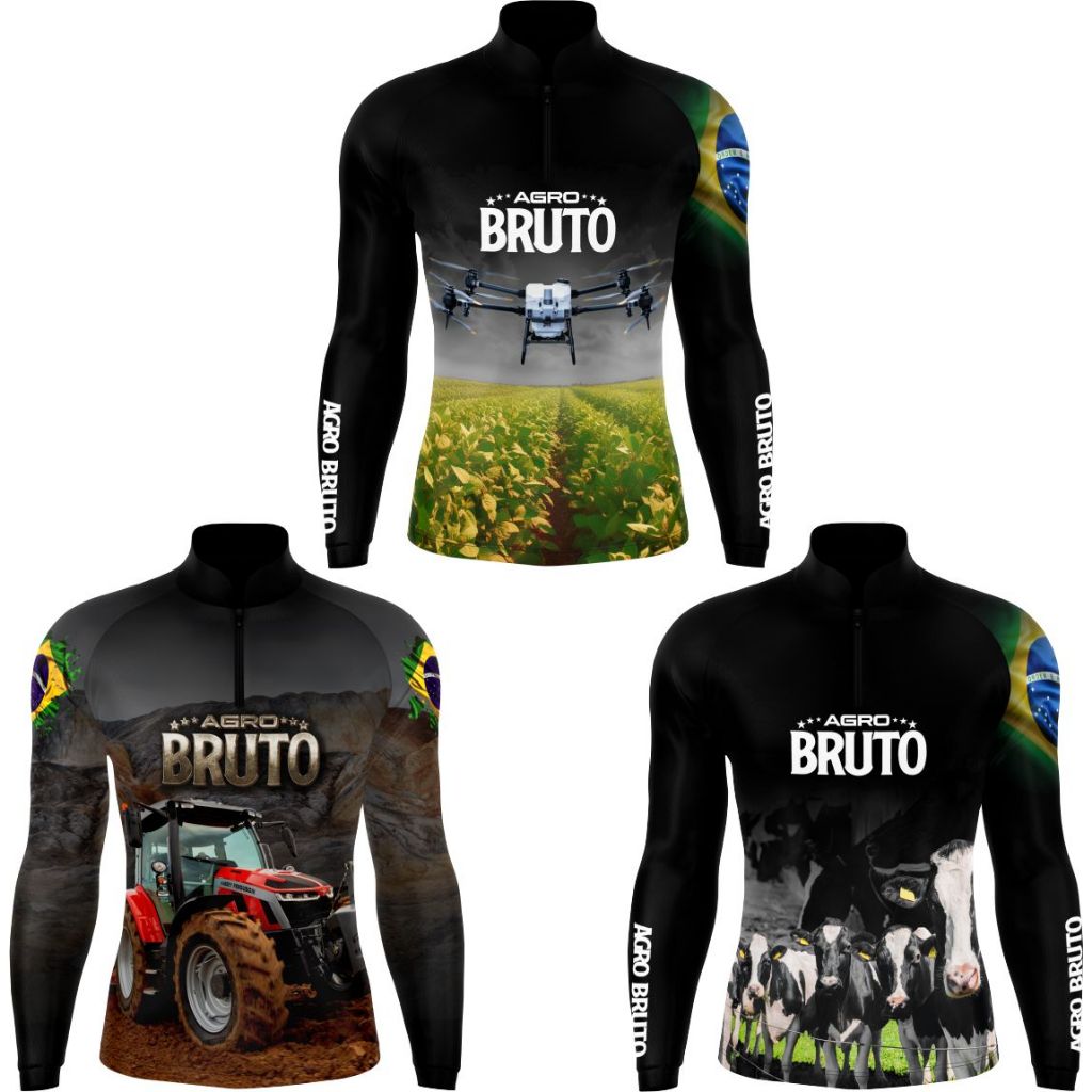 Kit de 3 blusas camisas Agro Bruto Drone, Trator Preto e Vaca Leiteira com proteção UV50+ em Oferta na Shopee