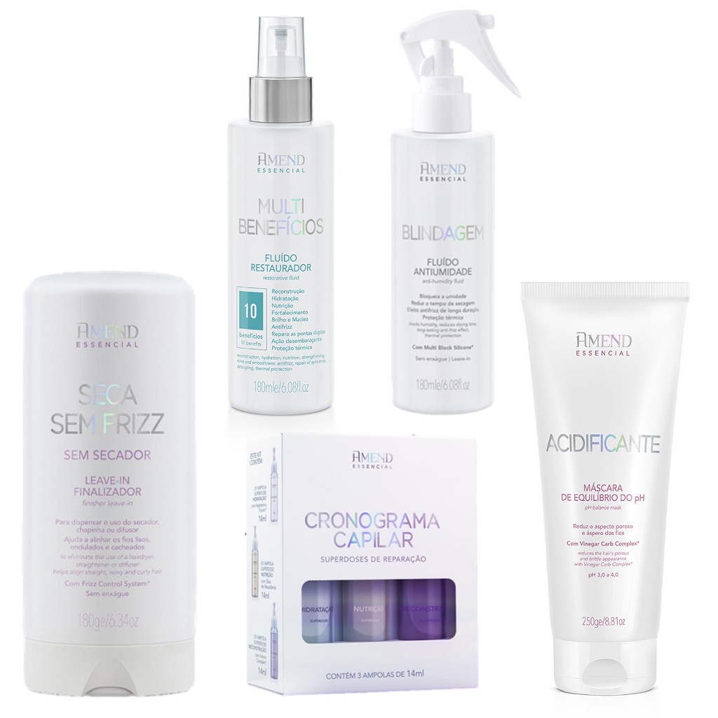 Amend KIT Essencial Seca Sem Frizz Leave-in + 2 Fluídos + Máscara + Cronograma Capilar Ampolas
