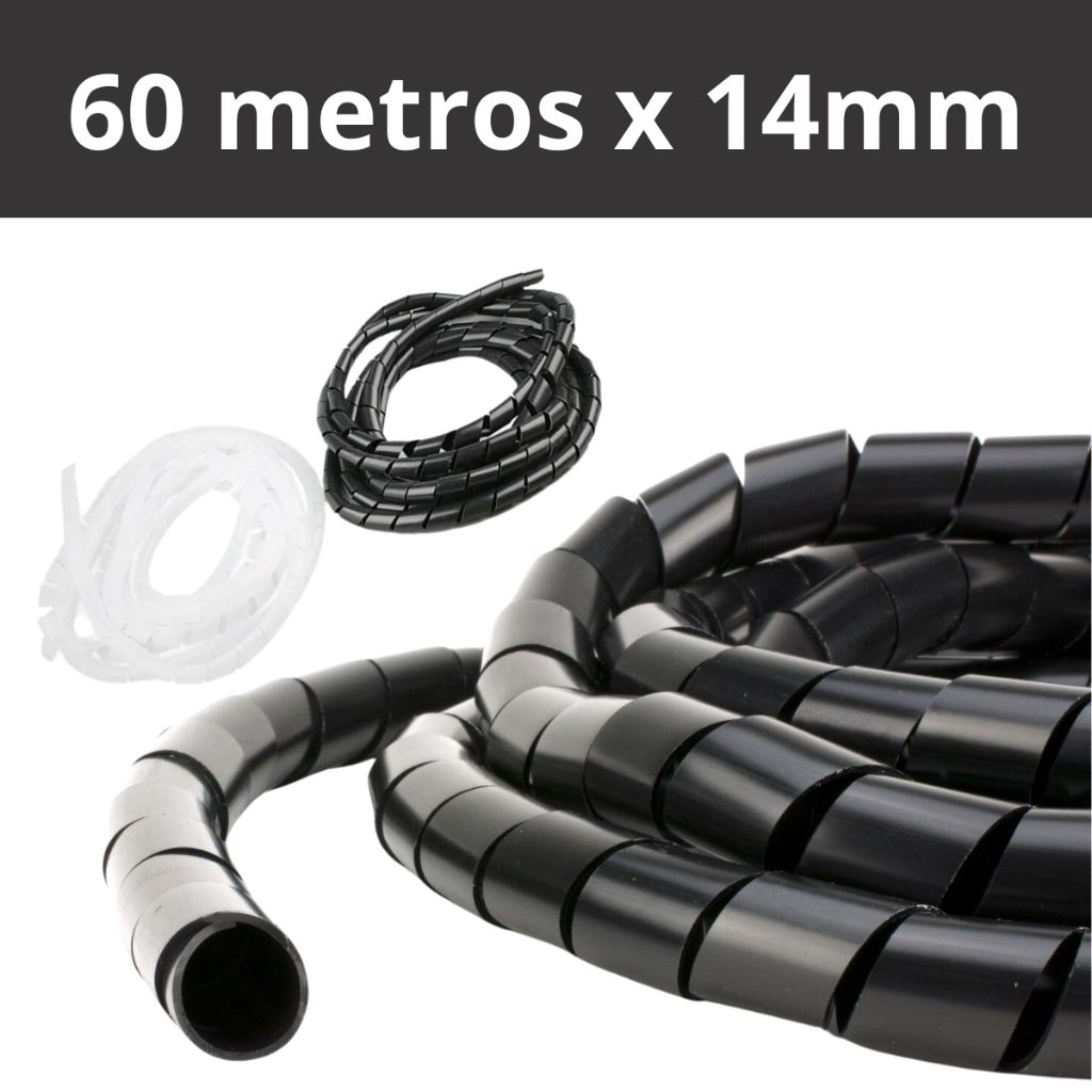 Organizador de Cabos Fios Espiral 14mm x 60m Preto Branco Informática Flexível