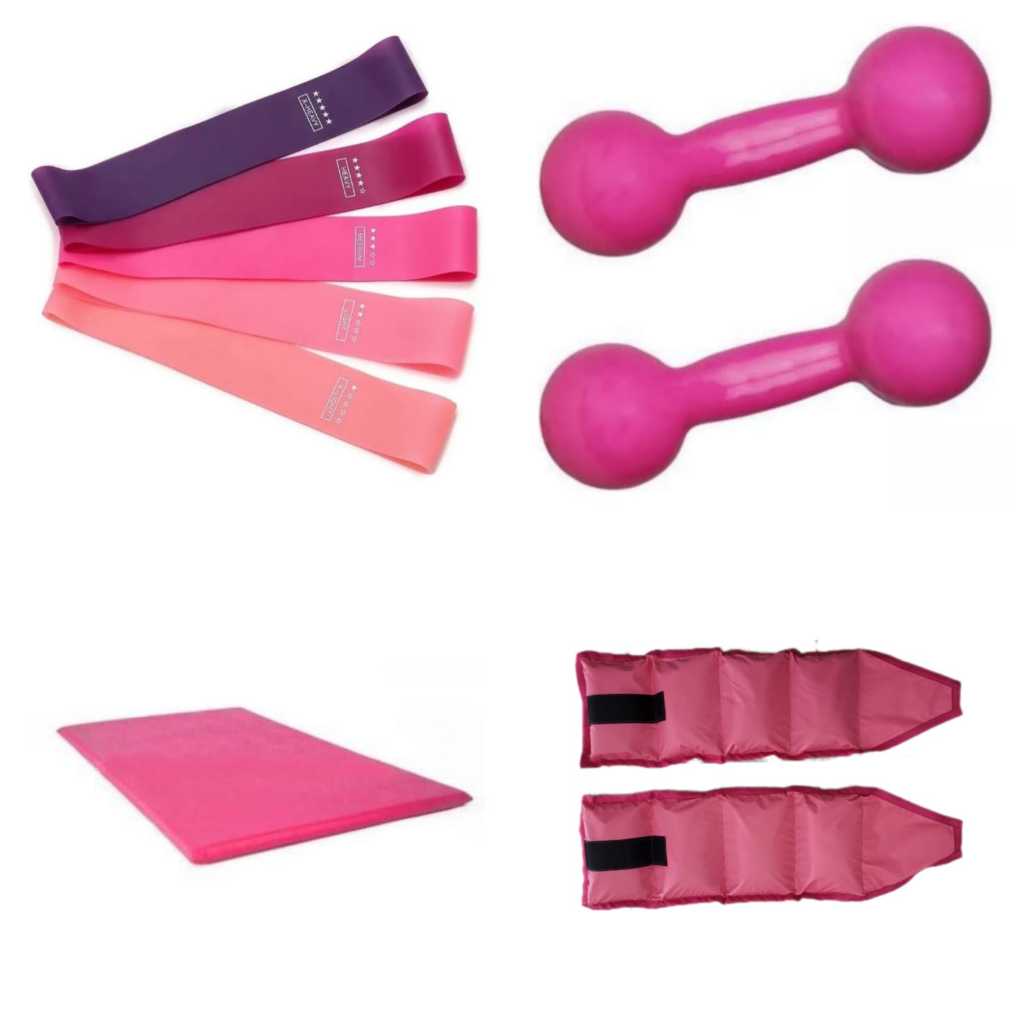 Imagem Kit Academia Rosa: Halter 3kg + Caneleira 3kg + Colchonete + Mini Band para Treino Completo Funciona