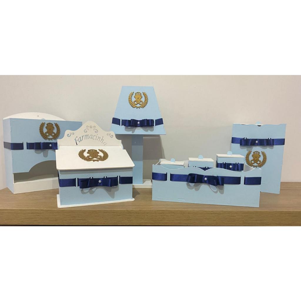 Kit Higiene Bebê Menino Ursinho,cuidados com bebê na cor azul em Madeira e fitas de Cetim