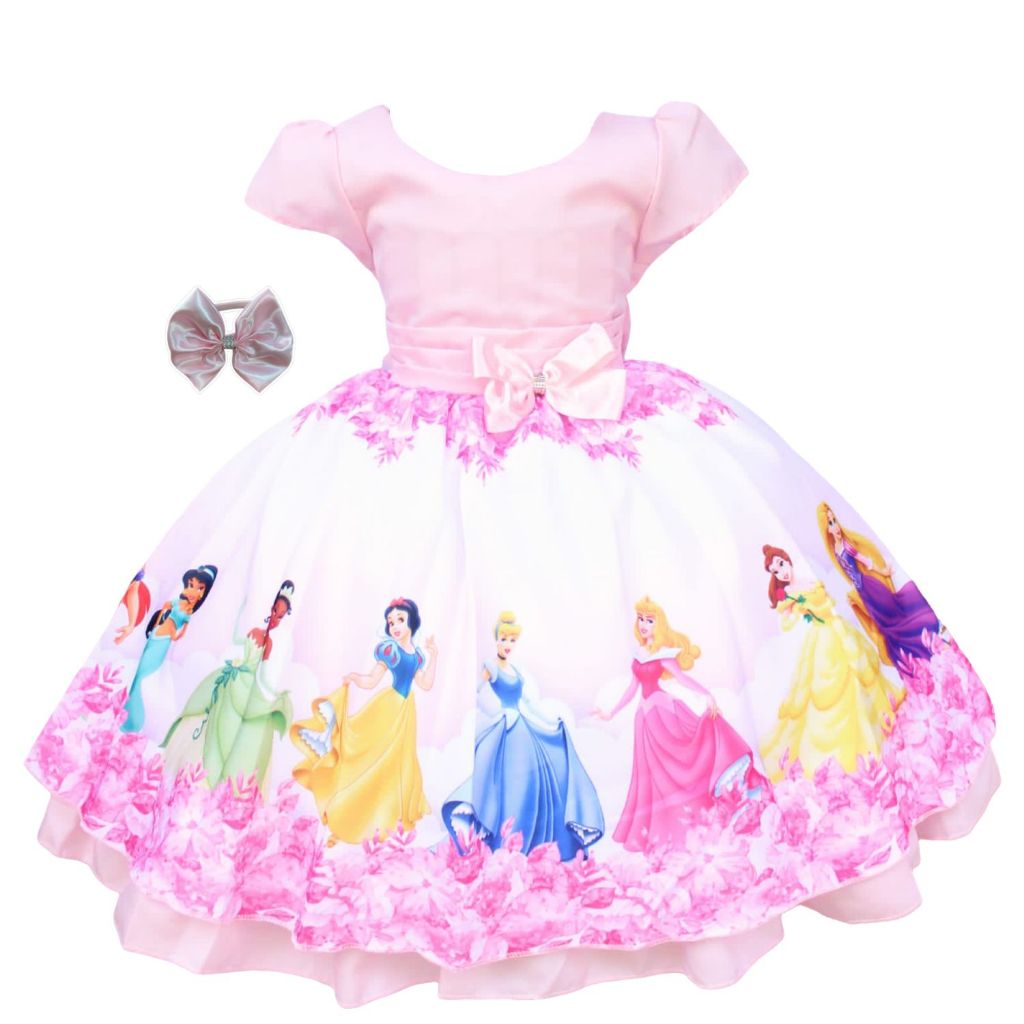 Vestido Infantil Tematico Princesas Rosa Aniversario Luxo Com Tiara.