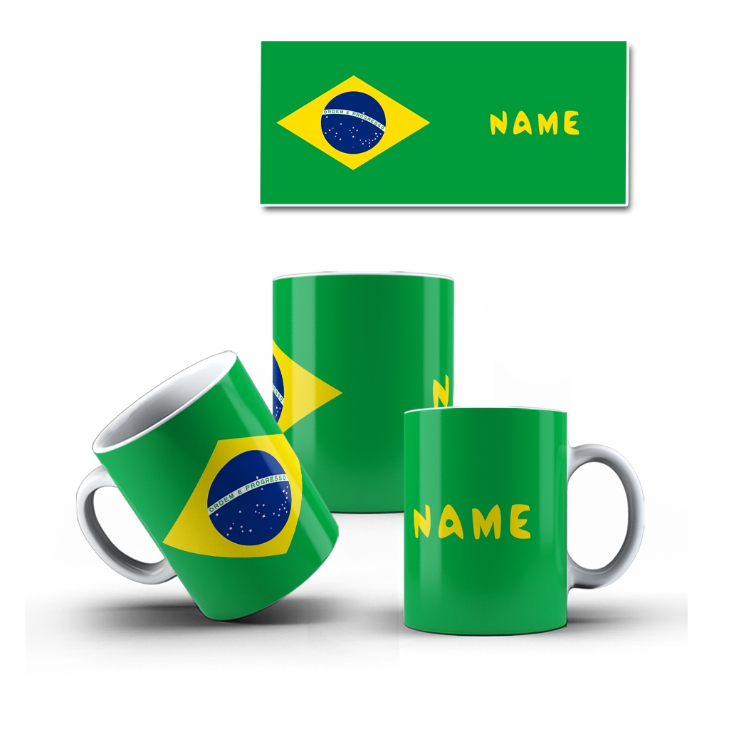 Caneca Branca Porcelana Bandeira Brasil Com Seu Nome  + Caixinha