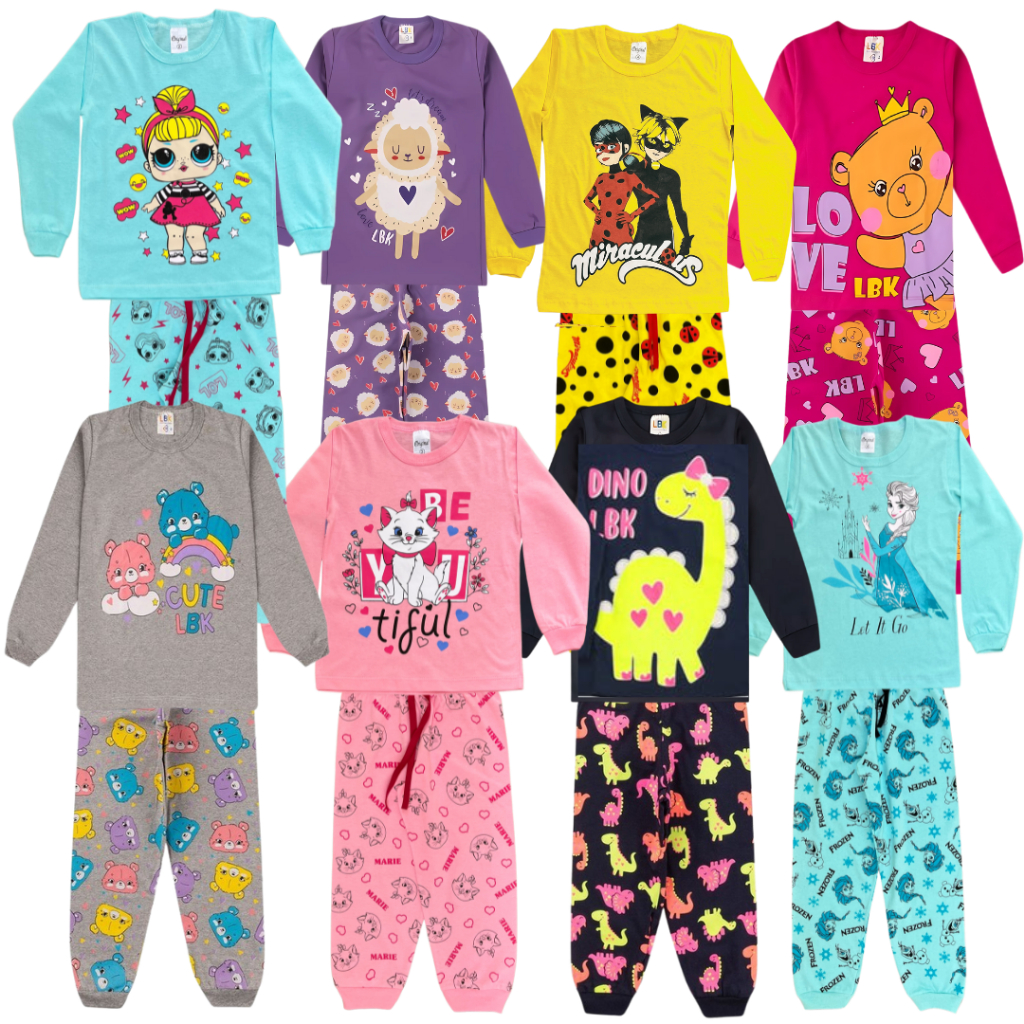Pijama menina infantil longo meia estação calça e blusa