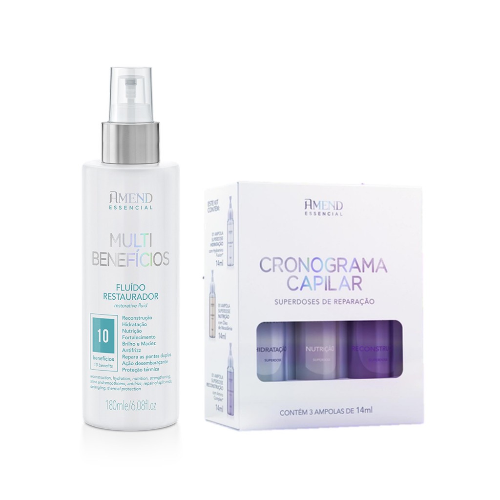 Amend KIT Fluído Multibenefícios Restaurador 180ml + Cronograma Capilar 3 Ampolas de 14ml - Beauty