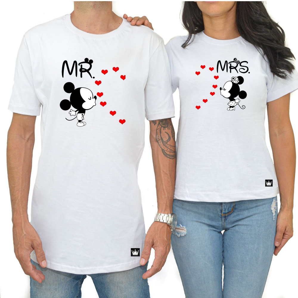 Kit 2 Camiseta Casal Dia Dos Namorados Estampa Casal Love Varios Coração Mickey Mrs/Mr