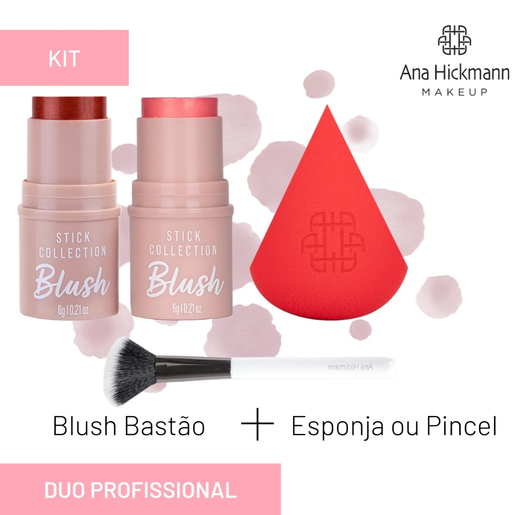 Kit Blush em Bastão + Pincel ou Esponja Vegano Ana Hickmann em Oferta na Shopee