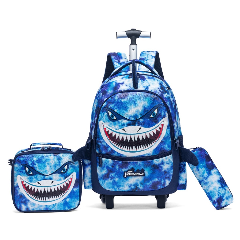 Imagem Kit Escolar Mochila De Rodinha Lancheira Estojo Masculino Tubarão Azul