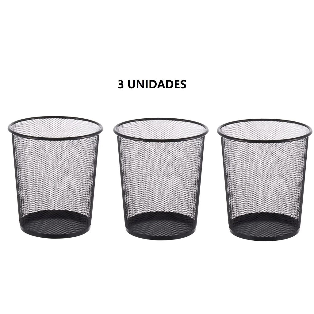 kit 3 Lixeira Telada Preta Metal 10l Para Banheiro Quarto, ferro resistente, escritorio, escola, papel