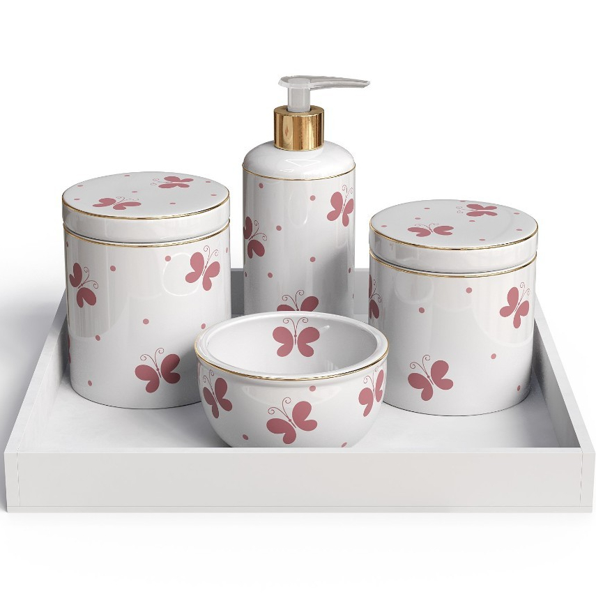 Kit 5 Pecas Higiene Em Porcelana Com Bandeja De MDF Em Branco 3 Variacoes De Decoracao