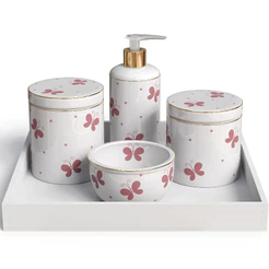 Kit 5 Pecas Higiene Bebe Porcelana Bandeja MDF Branco Variacoes Decoracao