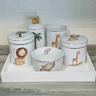 Kit Higiene 6 Pecas Bebe Safari Com Filete De Ouro E Bandeja MDF Em Branco
