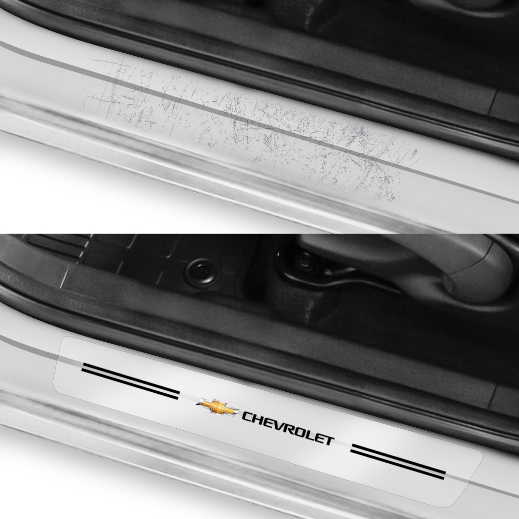 Kit 4 Peças Adesivo Soleira Porta Carro Modelo Compatível Chevrolet Gm Transparente Grafia Emblema