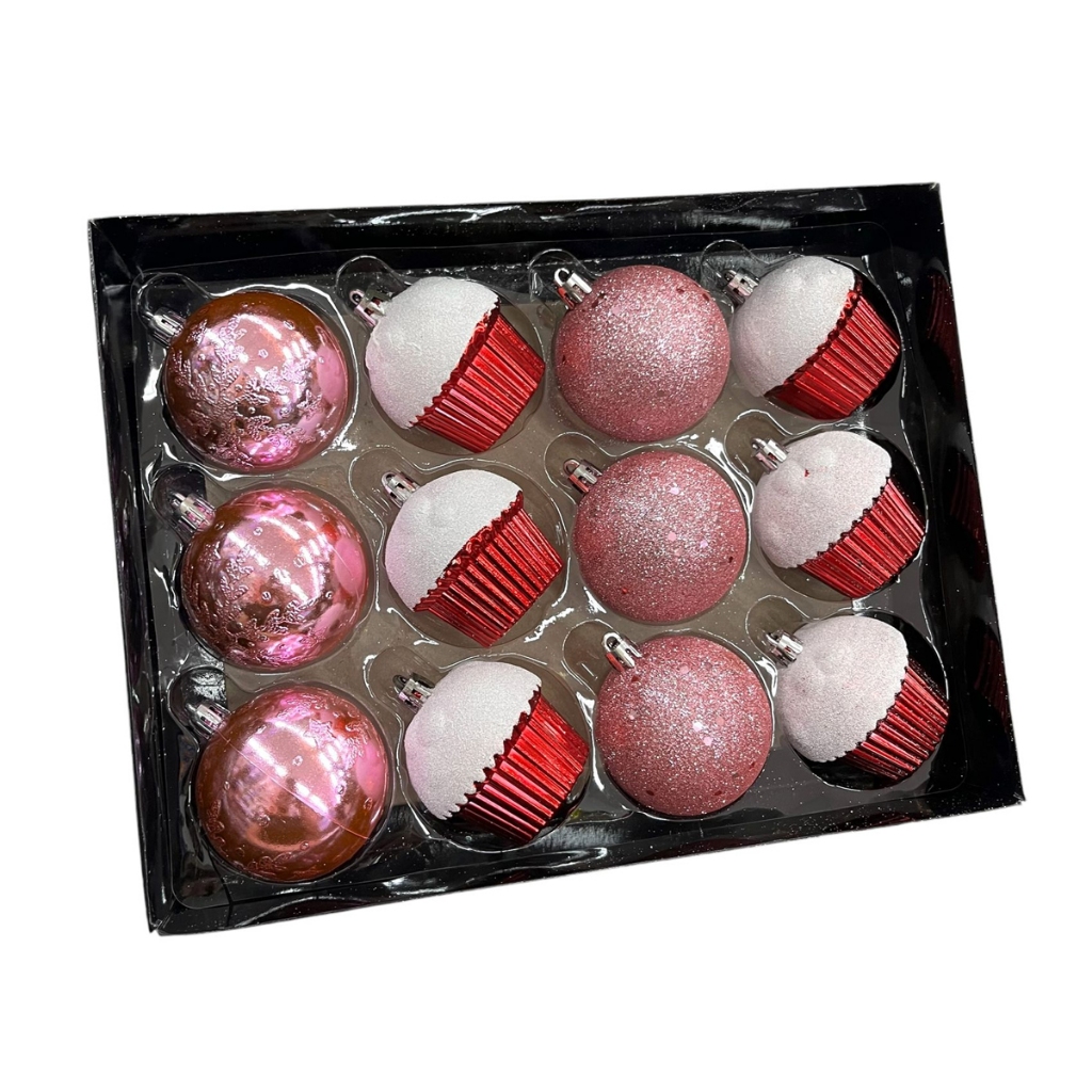 Kit c/12 peças Bola Decoradas 6cm Enfeite Para Árvore De Natal Em Formato De Cupcake-21408