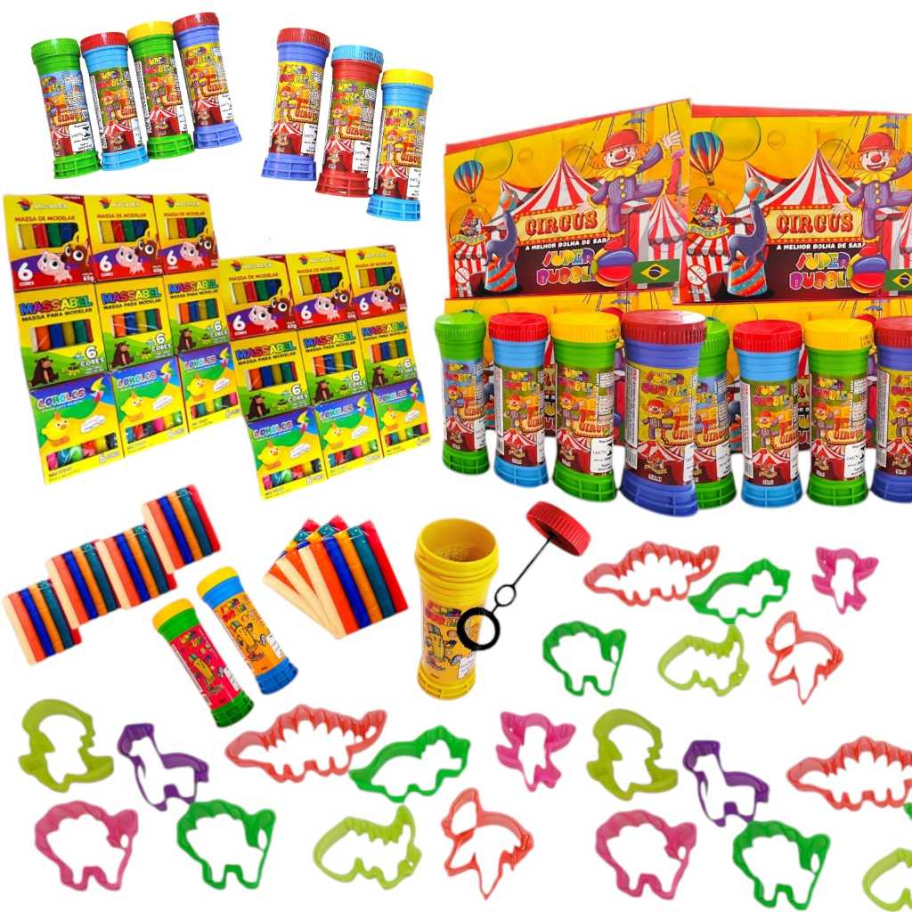 Kit 10 Caixas Massa de Modelar + 10 Bolha De Sabão + 30 Cortadores Festa Aniversario  Prenda Criança em Oferta na Shopee