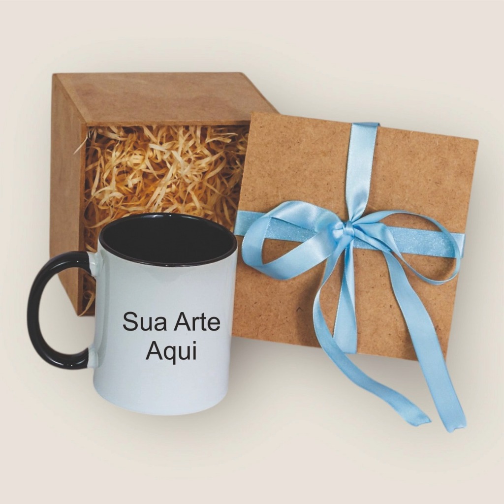 Convite Caneca com Caixa MDF Batizado Padrinho Madrinha Xícara Coloridas