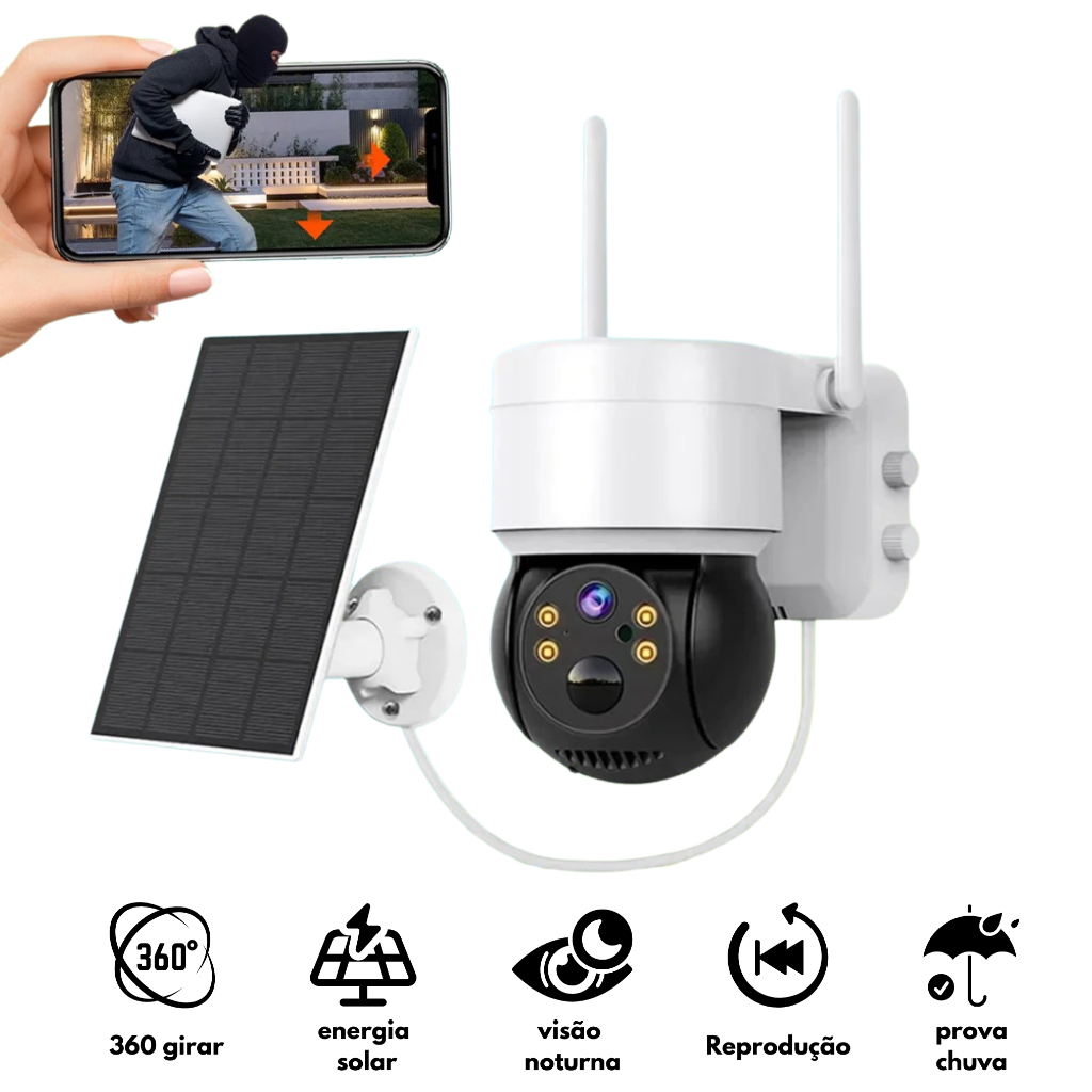 Câmera HD WiFi PTZ Solar Sem Fio Externa Bateria Embutida