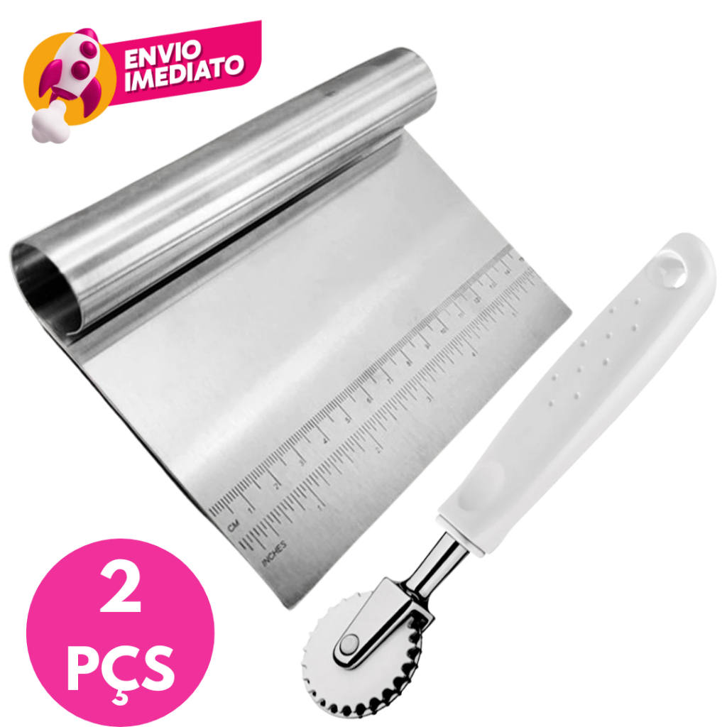 Kit Espátula Reta Cortador E Raspador Massas Legumes + Carretilha Corta Fecha Pastel Utensilio Inox