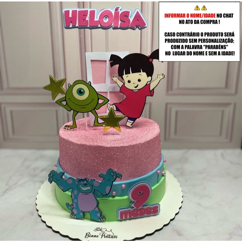 Topo de Bolo - Topper de Bolo Personalizado Aniversário Mesversario Monstros SA 1