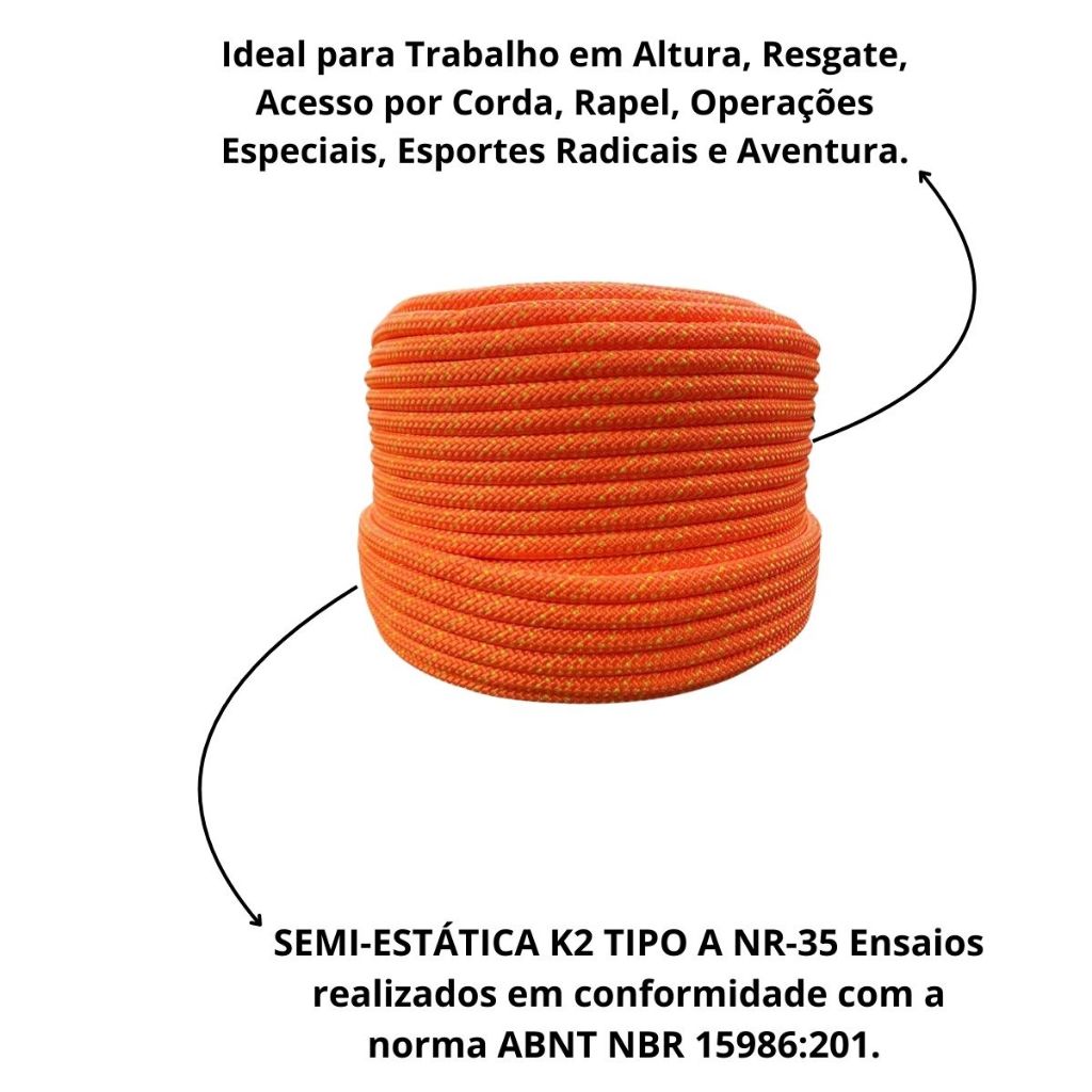 50 Metros Corda Semi Estática 11,5mm K2 Rapel Nr 35 Trabalho em altura Bombeiro