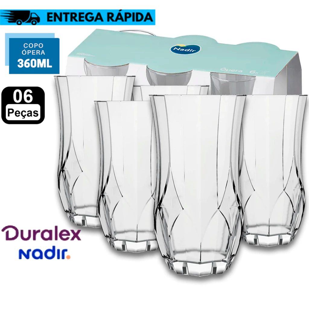 Kit Jogo de 6 Copos Longos de Vidro 360ml Nadir Opera