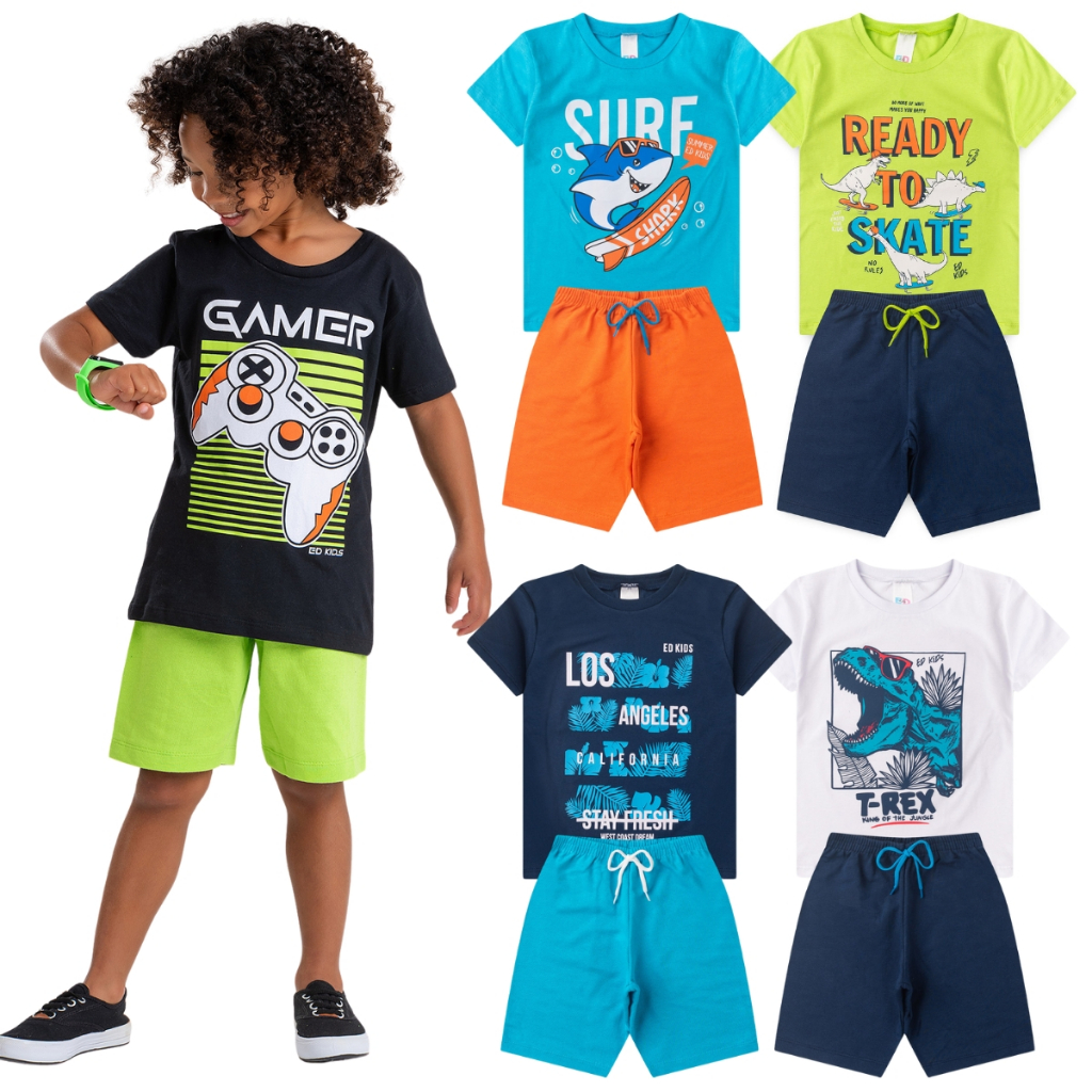 Kit 6 Conjunto Infantil Masculino Verão = 6 Blusas + 6 Bermudas = 12 Peças de Roupas Infantis Menino