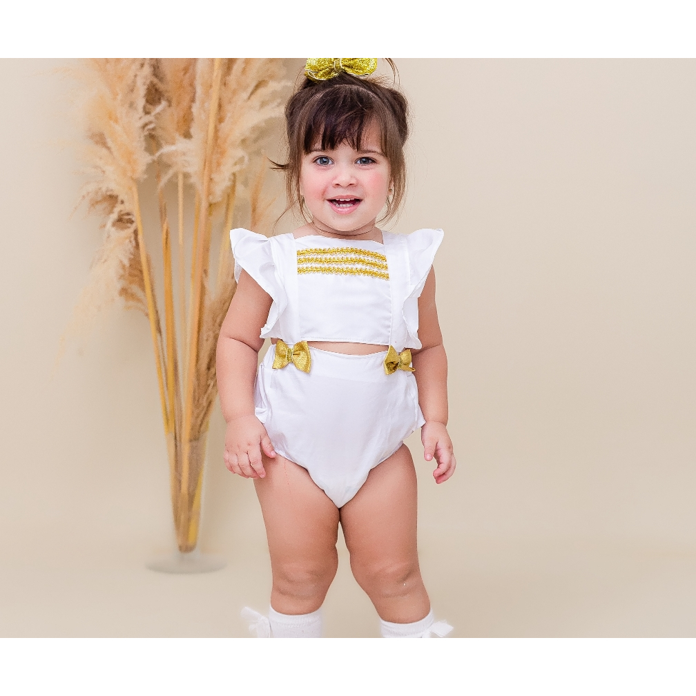 Romper Réveillon Roupa de Ano Novo Infantil Fantasia Romper Branco Feminino de Ano Novo Roupa Branca Infantil Menina