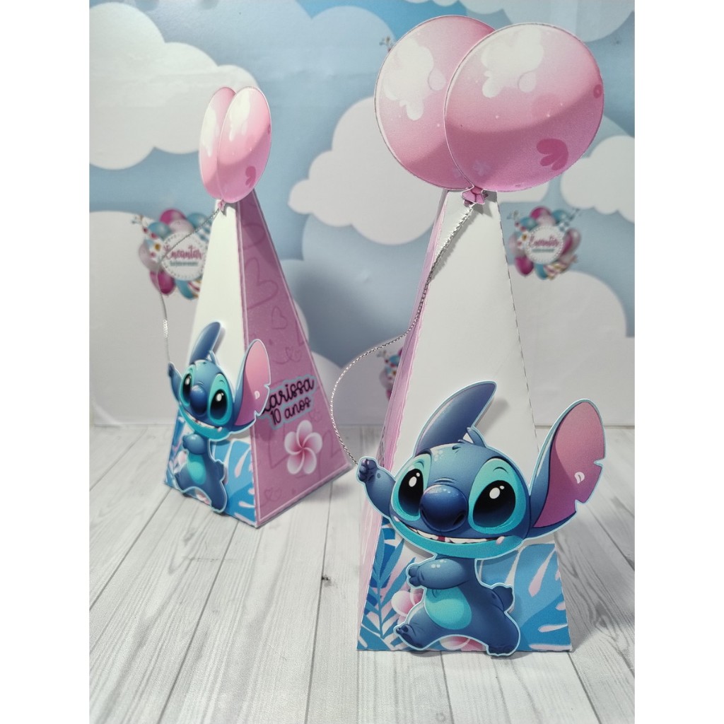 10 Caixas Pirâmide 3D Personalizada | Stitch - Papelaria para festa infantil | Lembrancinha e Decoração aniversário