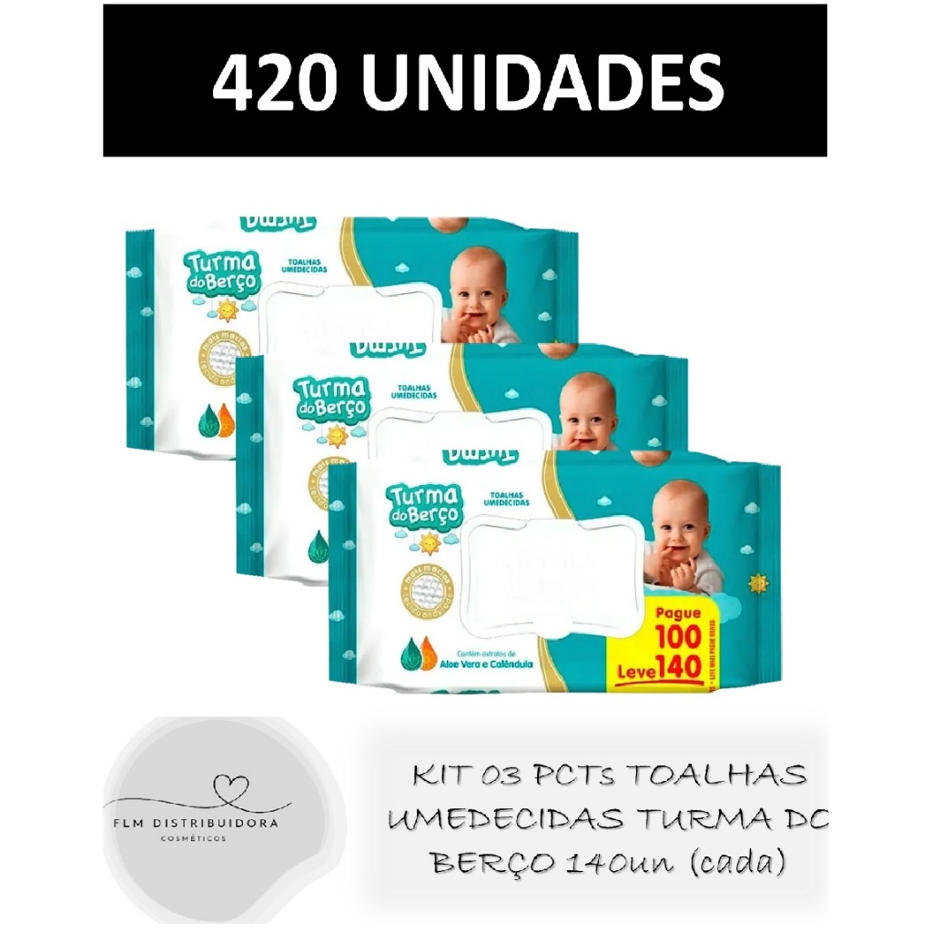 Kit com 03 pacotes Toalhas Umedecidas Turma do Berço 140un (cada) - 420un