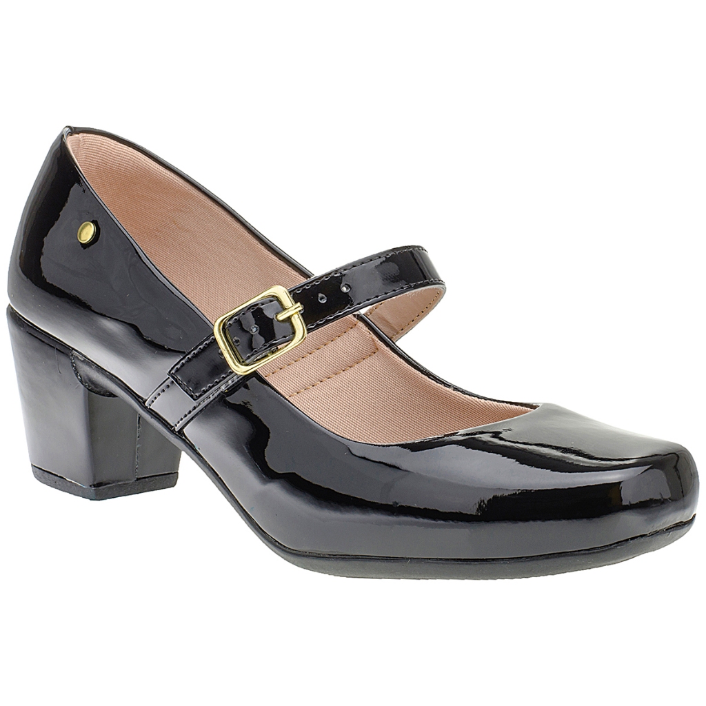 Sapato Scarpin Feminino Boneca Salto Baixo Quadrado Bloco de Dança Mary Jane 6484