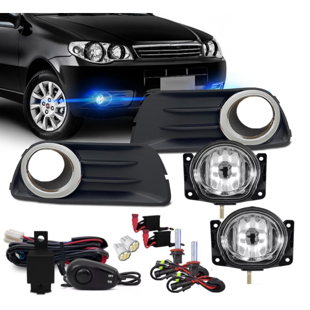 Kit Farol Milha Palio Fire Economy Moldura Cromada + Kit Xenon 8000k