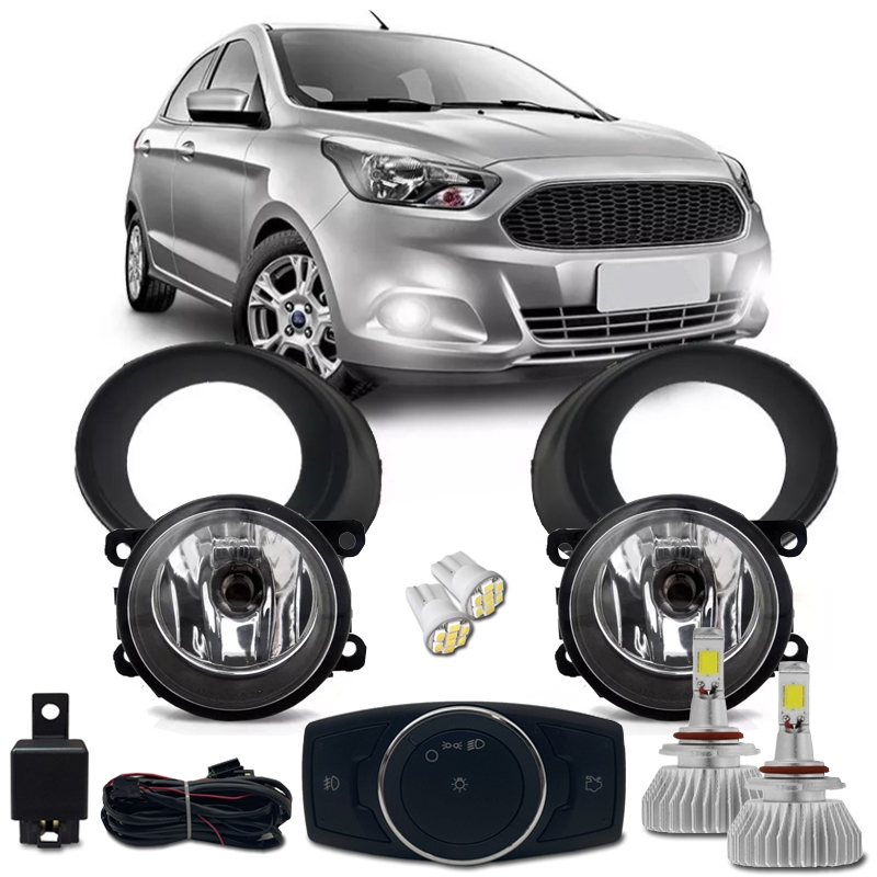 Kit Farol Milha Auxiliar Ford Ka e Ka Sedan 2015 16 17 18 Bt Mod Orig Com Molduras + Kit Super Led H11 6k