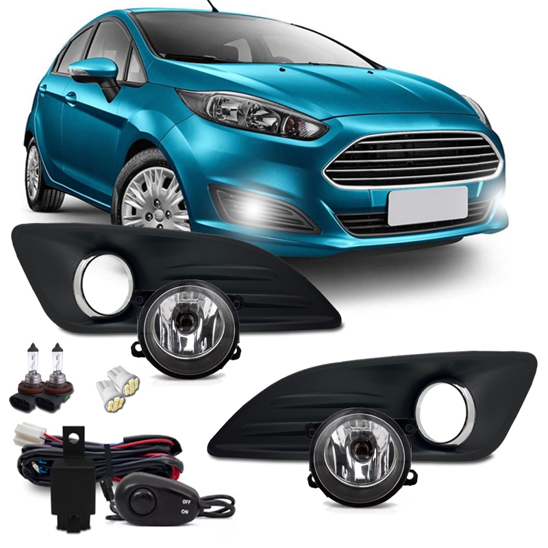 Kit Farol Milha Neblina Auxiliar New Fiesta 2013 2014 2015 Com Moldura Cromada E Lampadas
